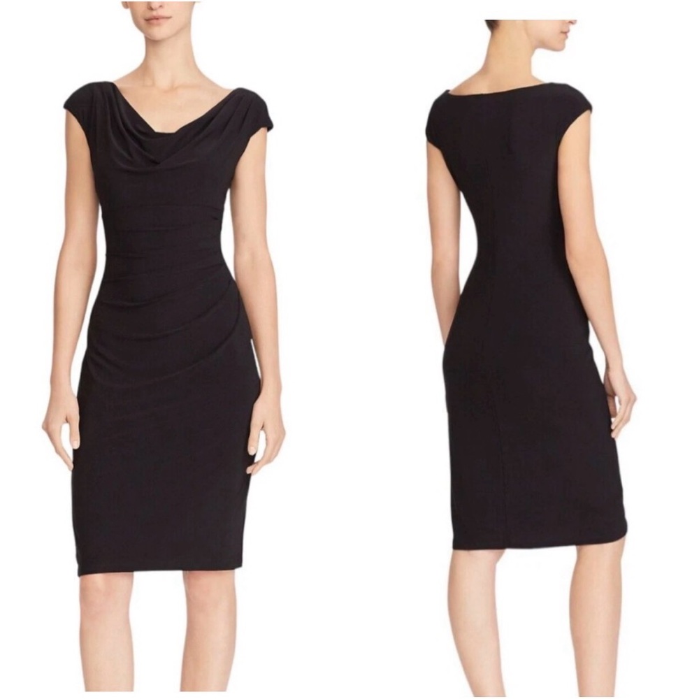 Lauren Ralph Lauren Pull-on Jersey Cowlneck  Ruching Sleeveless Black Dress Sz 8